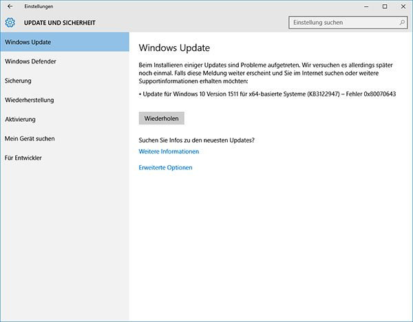 win10更新kb3122947出现错误代码80070643解决方法