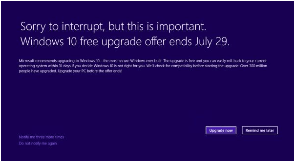 微软Win10本月底停止免费升级 提示信息一整页