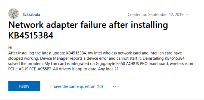 Win10更新KB4515384又叒叕出问题了：网络适配器停止工作