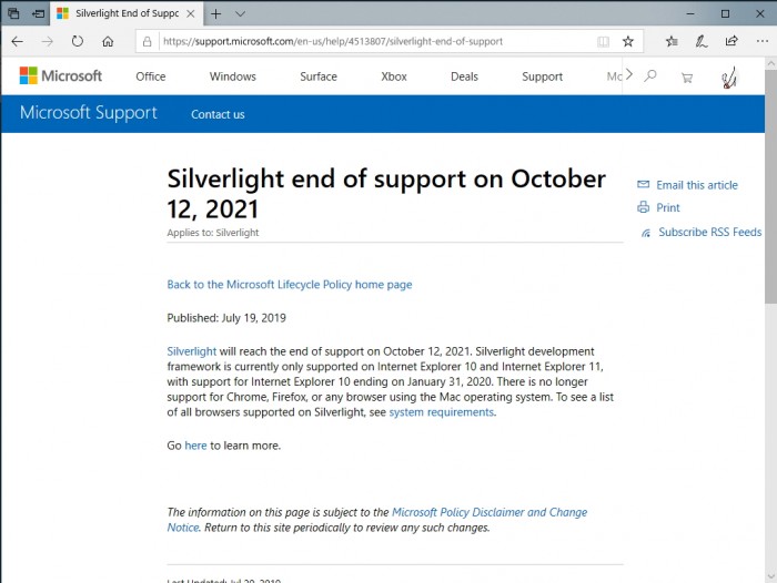微软Microsoft Silverlight将于2021年10月12日停止支持